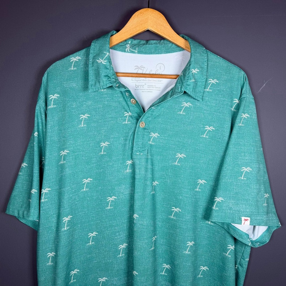 Kahala Mens Large Brrr Cooling Performance Polo Shirt Teal Green Palm Tree Print
